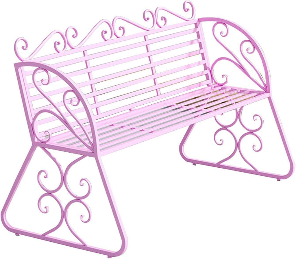 Outdoor Garden Bench with Curved Armrests, 440lbs Load Capacity Waterproof Iron Seating, Ideal for Courtyard Park and Porch(Pink)