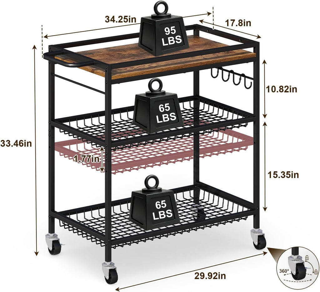 3 Tier Heavy Duty Rolling Kitchen Cart with Handle & Locking Wheels – Metal Utility Storage Cart for Kitchen, Laundry Room, Garage & Office – Supports Over 150 lbs Mobile Organizer Shelf