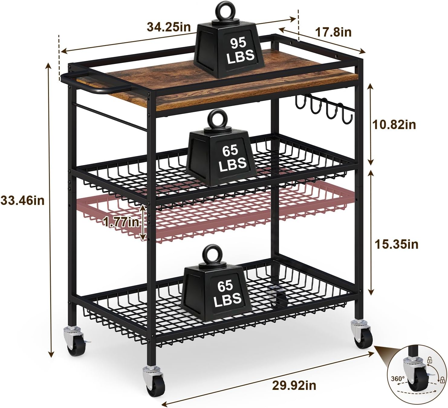 3 Tier Heavy Duty Rolling Kitchen Cart with Handle & Locking Wheels – Metal Utility Storage Cart for Kitchen, Laundry Room, Garage & Office – Supports Over 150 lbs Mobile Organizer Shelf