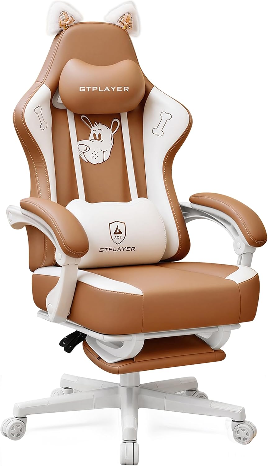 GTPOFFICE Cute Gaming Chair with Cat Ears, Ergonomic Computer Chair with Footrest Cat Paw Lumbar Support Comfortable Reclining Game Chair Desk Chair for Adult Teens, Soft Fabric, Russet Brown