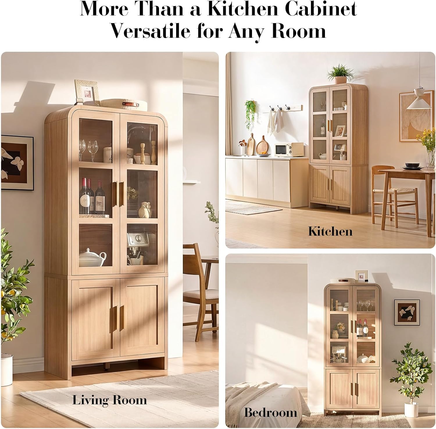 77" Tall Kitchen Pantry Cabinets, Wooden Curved Storage Cabinets with Adjustable Shelf, 1.18'' Panel Freestanding Cupboard for Dining Room, Living Room, Bathroom, Oak, 1Pcs