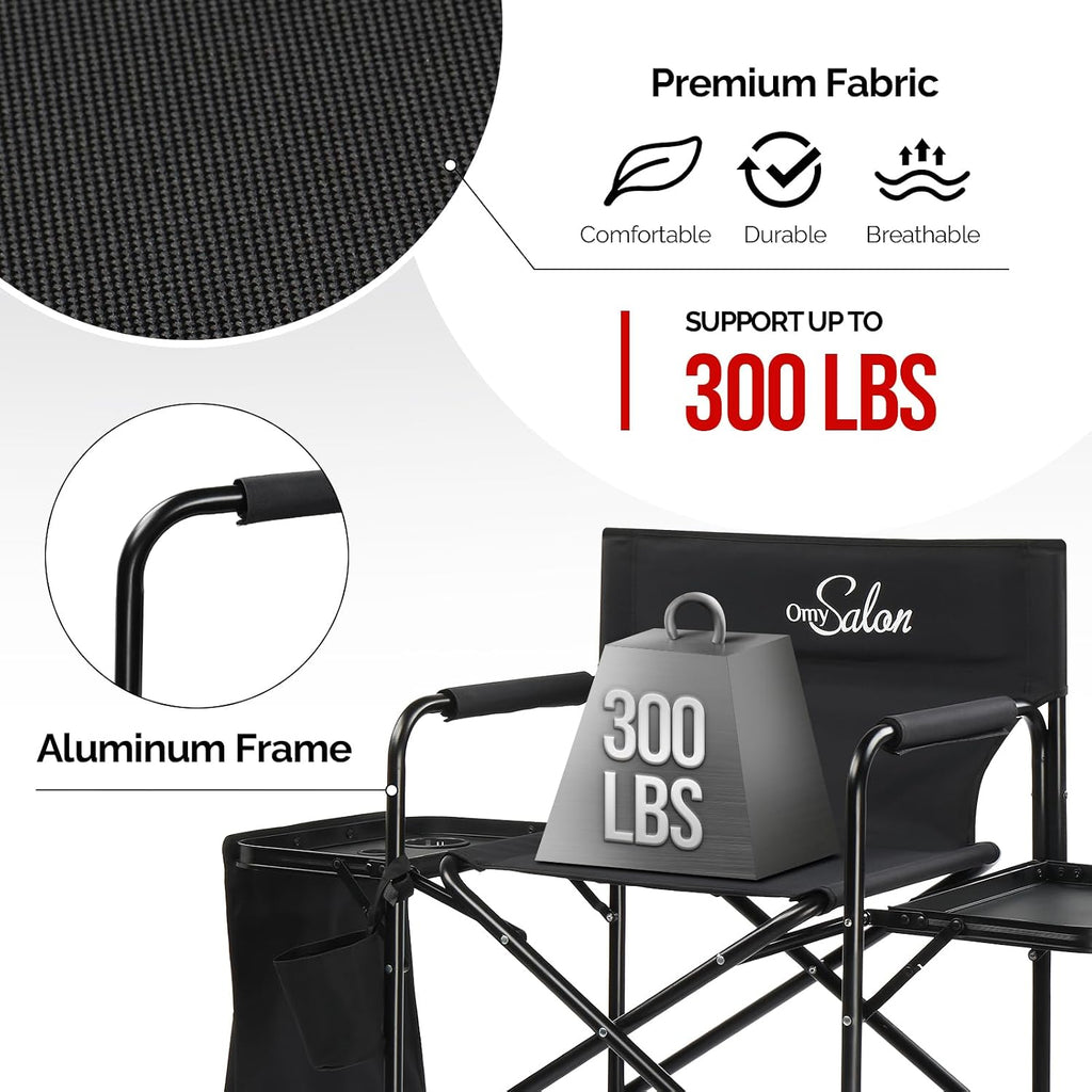 OmySalon Tall Folding Directors Chair with Side Table Storage Bag, Aluminum Frame 300 lbs Capacity, Portable Makeup Artist Bar Height, 19.7" D x 24.6" W x 45.7" H(Black)