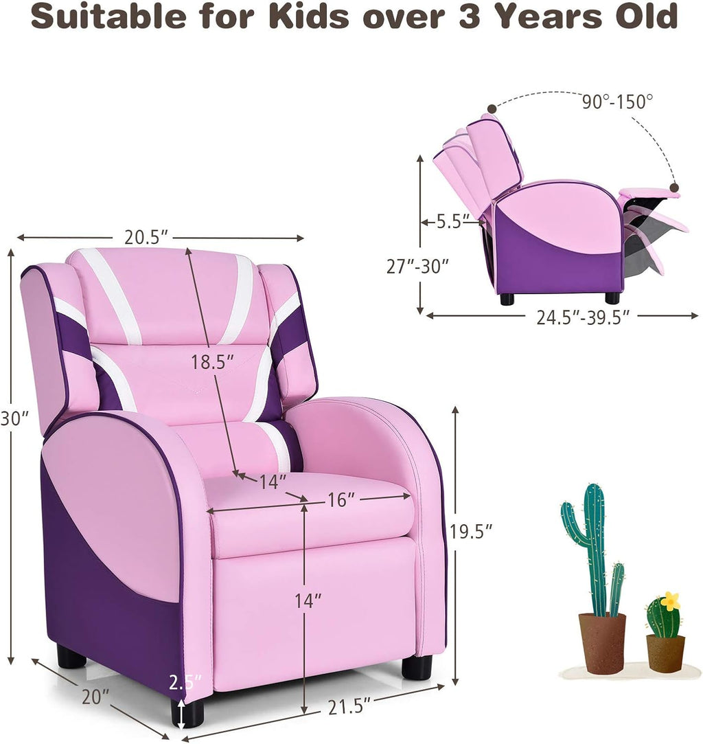 MAT EXPERT Kids Recliner Sofa, Gaming Chair w/Footrest, Arms & Side Pocket Storage, Adjustable Leather Kids Couch Lazy Boy Armchair Reading Chair, Toddler Lounge Chair for Boys Girls Age 3+ (Pink)