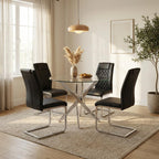 Round Glass Dining Table Set for 4, Modern Kitchen Table Chairs Set of 4, 35" Circle Glass Dinner Table with Silver Metal Legs, 4 Black Pu Leather Chairs, 5 Piece Dining Set for Small Space Apartment