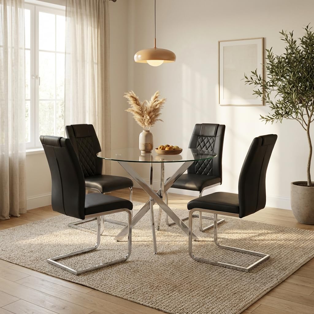 Round Glass Dining Table Set for 4, Modern Kitchen Table Chairs Set of 4, 35" Circle Glass Dinner Table with Silver Metal Legs, 4 Black Pu Leather Chairs, 5 Piece Dining Set for Small Space Apartment