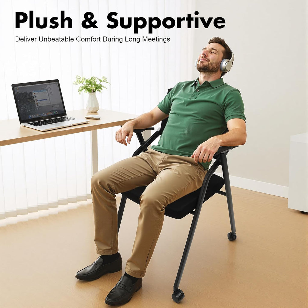 Foldable Conference Room Chair Office Guest Chairs and Reception Chairs with Wheels,Mesh Back Guest Reception Chair Foldable Desk Chair for Home Office,Black (2 PCS with Tablet)