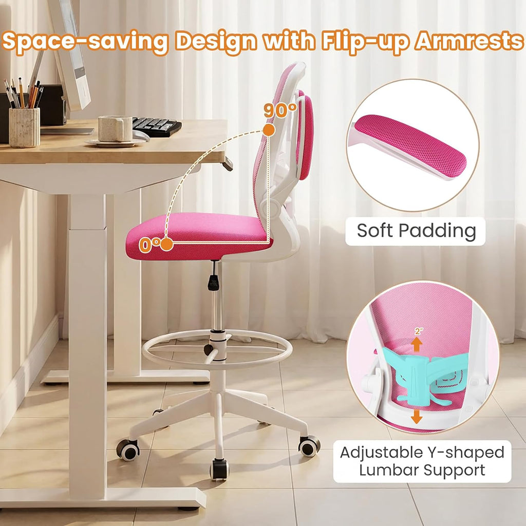 POWERSTONE Drafting Chair, Ergonomic Tall Office Chair for Standing Desk with 3IN Thick Cushion, Flip-up Arm, Adjustable Back Support & Footrest Workbench Rolling Stool Computer Chair (Rose Red 1PCS)