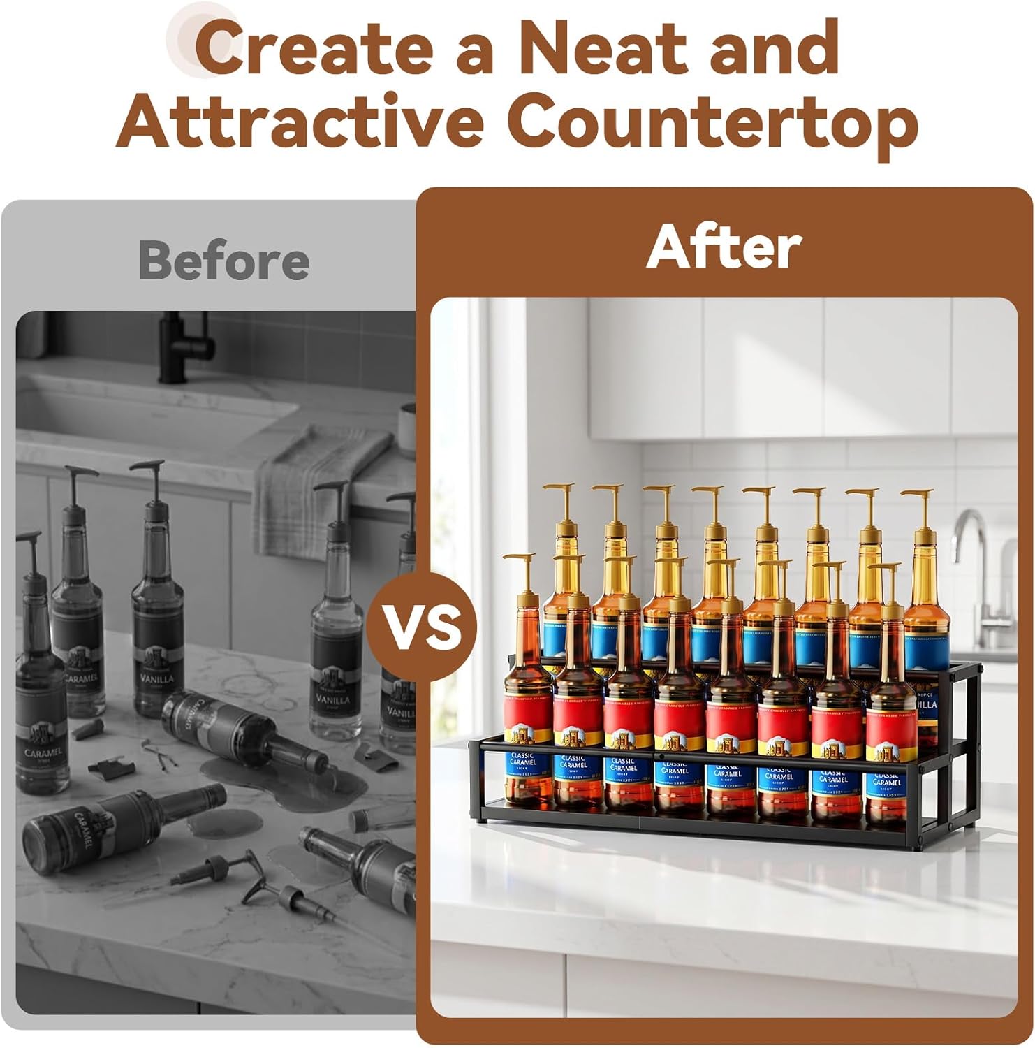 Nuovoware Expandable Coffee Syrup Organizer, 2-Tier Syrup Rack Holds 10-16 Bottles, Adjustable Width Carbon Steel Coffee Bar Organizer for Countertop Kitchen Bar, Liquor Dressing Seasoning, Black