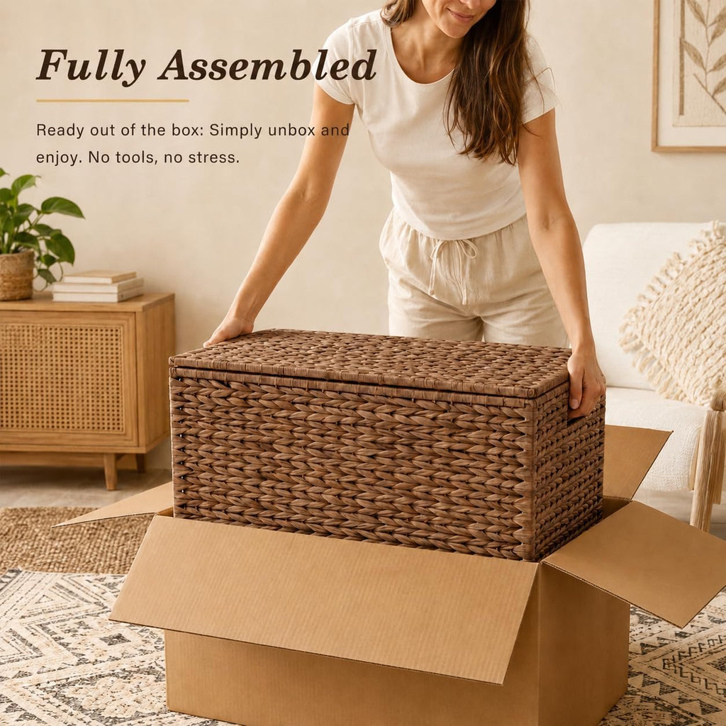 Storage Trunk w/Lid & Handles,Hand-Woven Water Hyacinth Storage Trunk,Wicker Storage Chest, Storage Bench, Wedding Trunk, for Living Room, Bedroom (Brown)