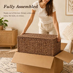 Storage Trunk w/Lid & Handles,Hand-Woven Water Hyacinth Storage Trunk,Wicker Storage Chest, Storage Bench, Wedding Trunk, for Living Room, Bedroom (Brown)
