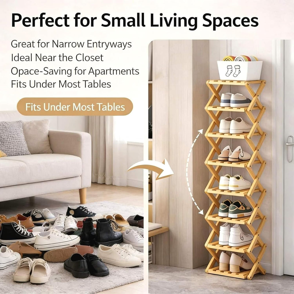 9-Tier Foldable Bamboo Shoe Rack - Slim Corner Shelf Portable Organizer with Tool-Free Setup for Entryway, Closet, Bedroom, Under-Bed Storage