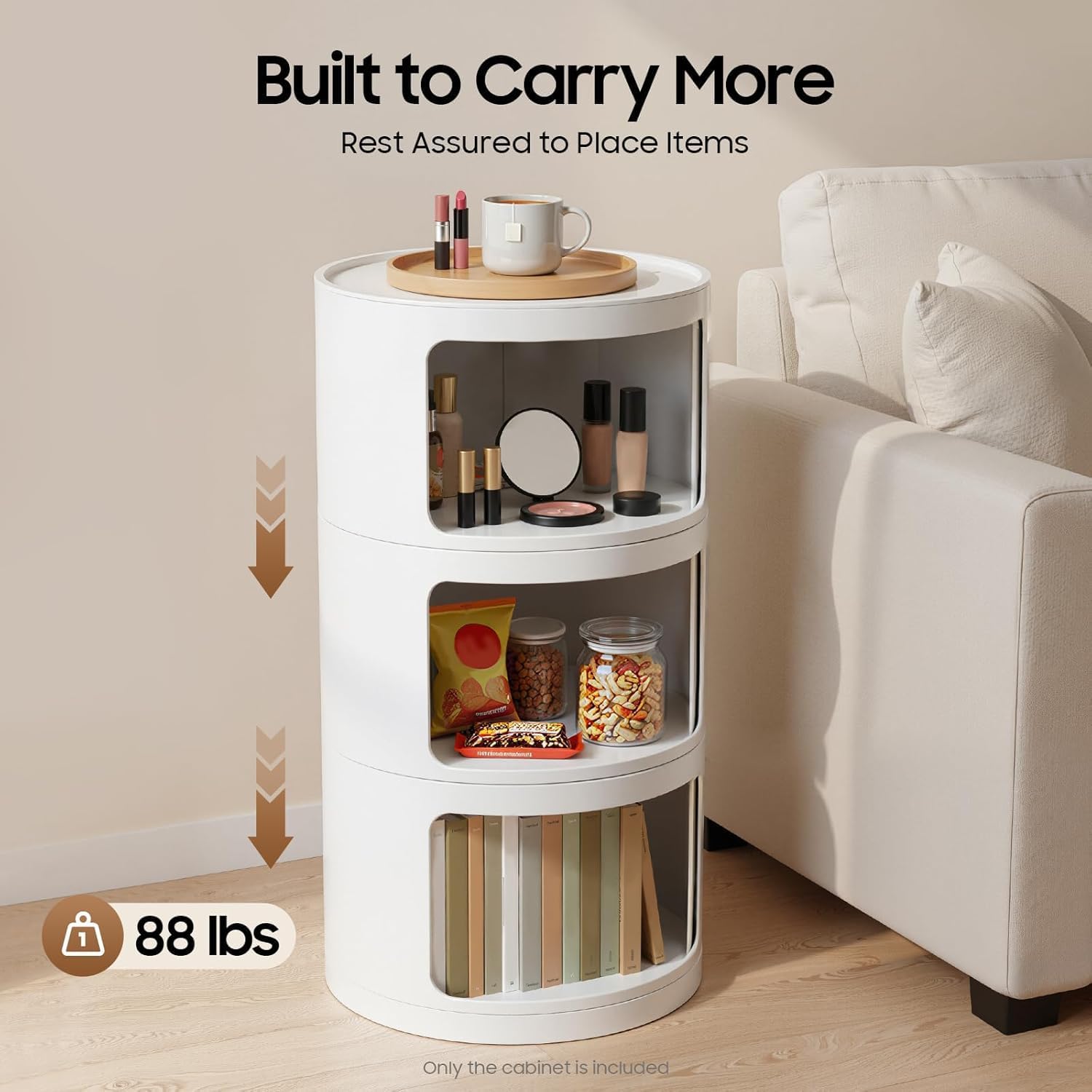 Round Nightstand, 3-Tier Round Bedside Table, ABS White Cylindrical Cabinet with Sliding Doors, Modern Narrow Modular Side Table for Bedroom, Living Room, 12.5" Diameter x 22.8" Height