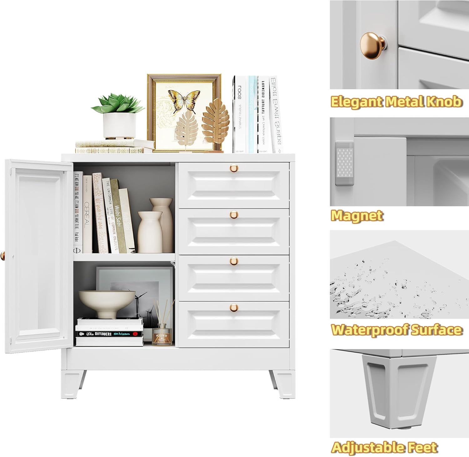 Bathroom Storage Cabinet with 4 Drawers,Metal Bathroom Floor Cabinet with Door and Shelves,Toilet Paper Storage Cabinet for Bathroom, 33" H x 31.5" W x 15.75" D,White