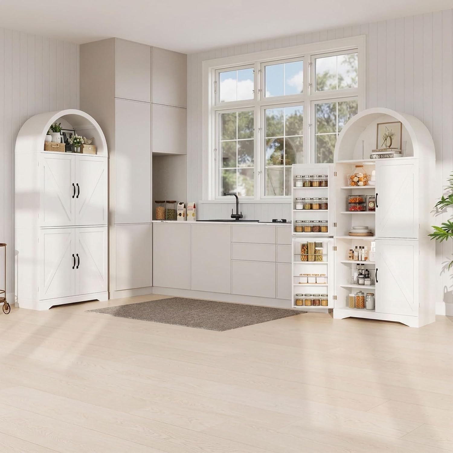 70" Tall Arched Pantry Cabinet, Kitchen Cupboard with Barn Doors, Adjustable Shelves & 3-Color Human Sensor LED Lights for Kitchen/Living Room, White