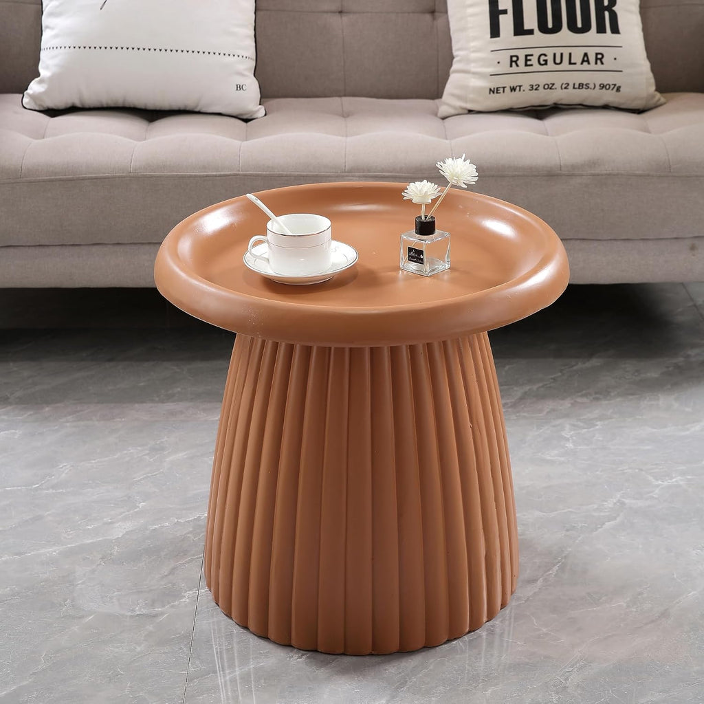 19.69" Round Light Terracotta MGO End Table for Indoors and Outdoors, Mid-Century Modern Magnesium Oxide Fluted Base Side Table, Circle Fluted End Table for Living Room Patio