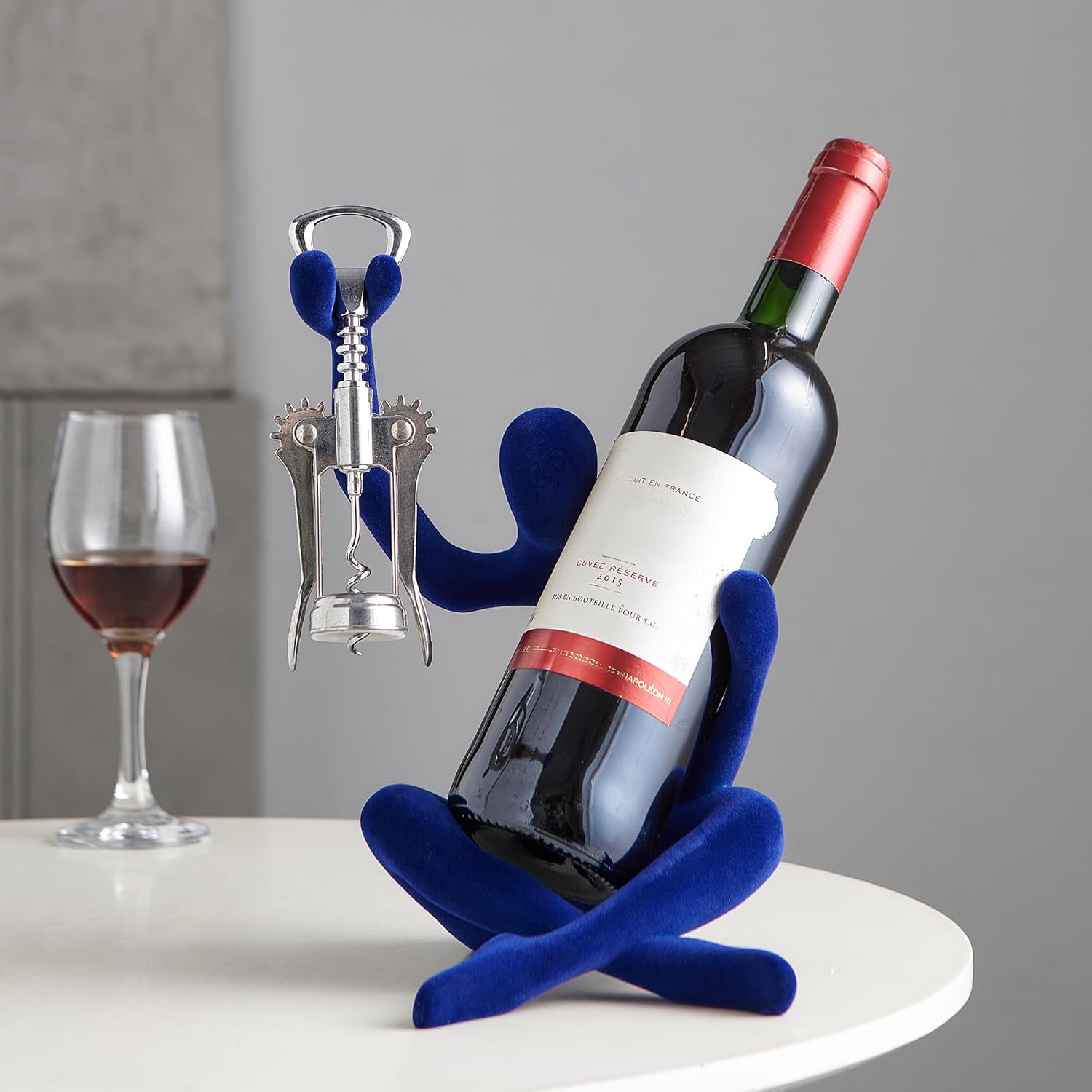 Thinker Statue Wine Rack, Modern Rack for Kitchen Table Decor, Single Wine Bottle Holder Countertop for Bar, Small Bottle Holder Rack (Navy)