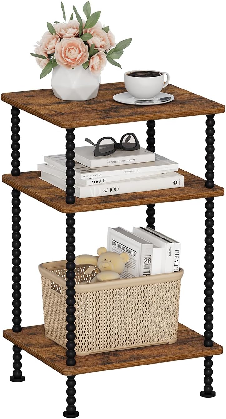 YINMIT Side Table,3-Tier End Table with Metal Legs,Open Storage Nightstand | Small Side Table,Safe Rounded Corners,Adjustable Feet,Vintage Spindle Design For Small Place Bedroom Living Room Office