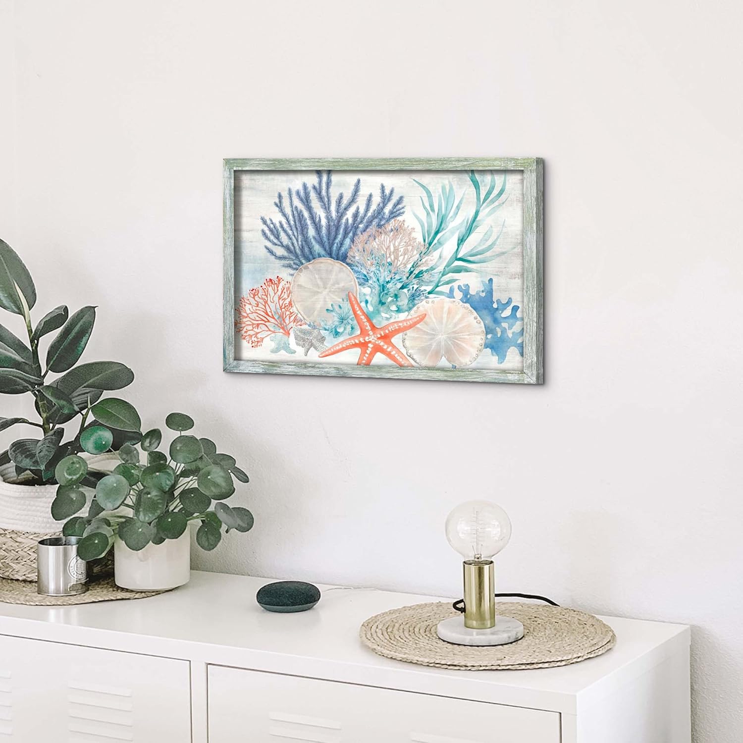Sea Framed Wall Art Decor: Vintage Starfish Picture Colorful Ocean Coral Painting Undersea Seagrass Prints Green Marine life Artwork for Bathroom