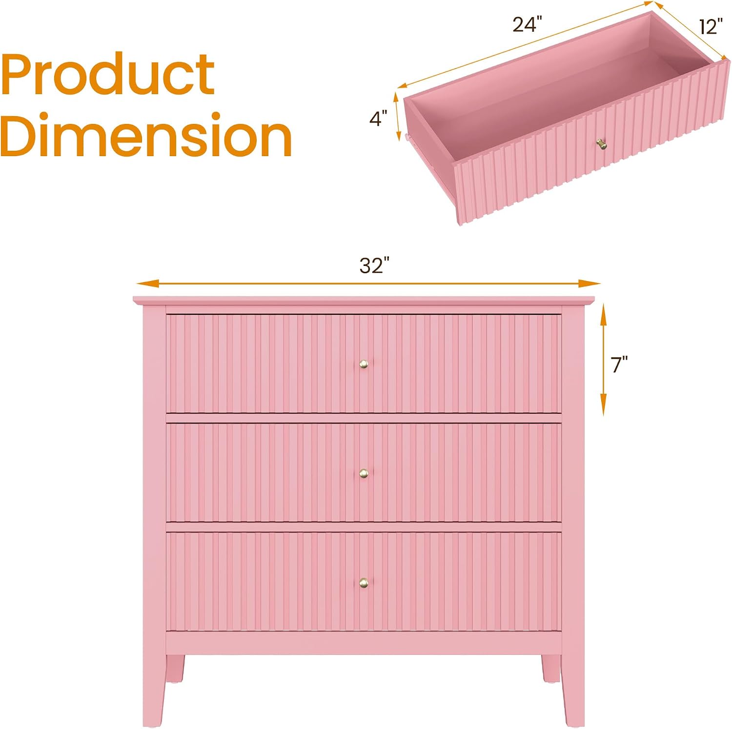 RoyalCraft 32" Large Nightstand Set of 2, Fluted Painted Bedside Table with 3 Spacious Drawers, Modern Tall End Table for Bedroom, Pink