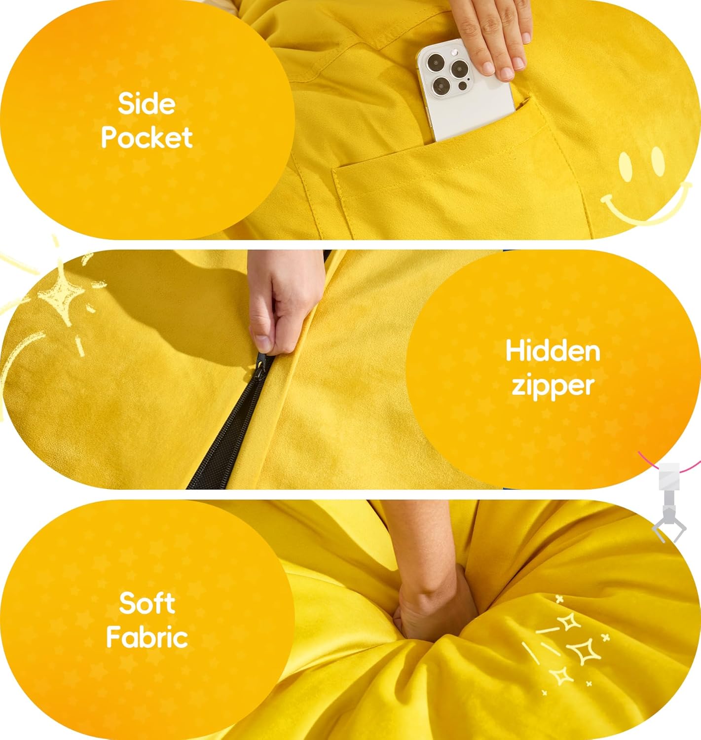 fond + found 2FT Bean Bag Chair Small Bean Bag with Removable Washable Cover, Memory Foam Comfy Bean Bag Chair with Handle & Side Pocket for Classroom, Living Room, Bedroom, Gaming