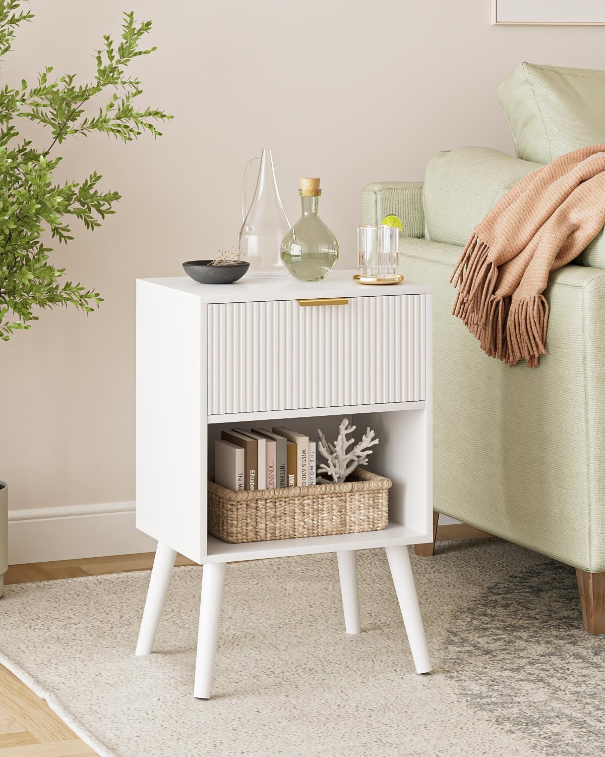 Aienvey Nightstand, Small Side Table, Bedside Table with Drawer, Modern Night Stand, End Table for Bedroom, Living Room (White Stripe)