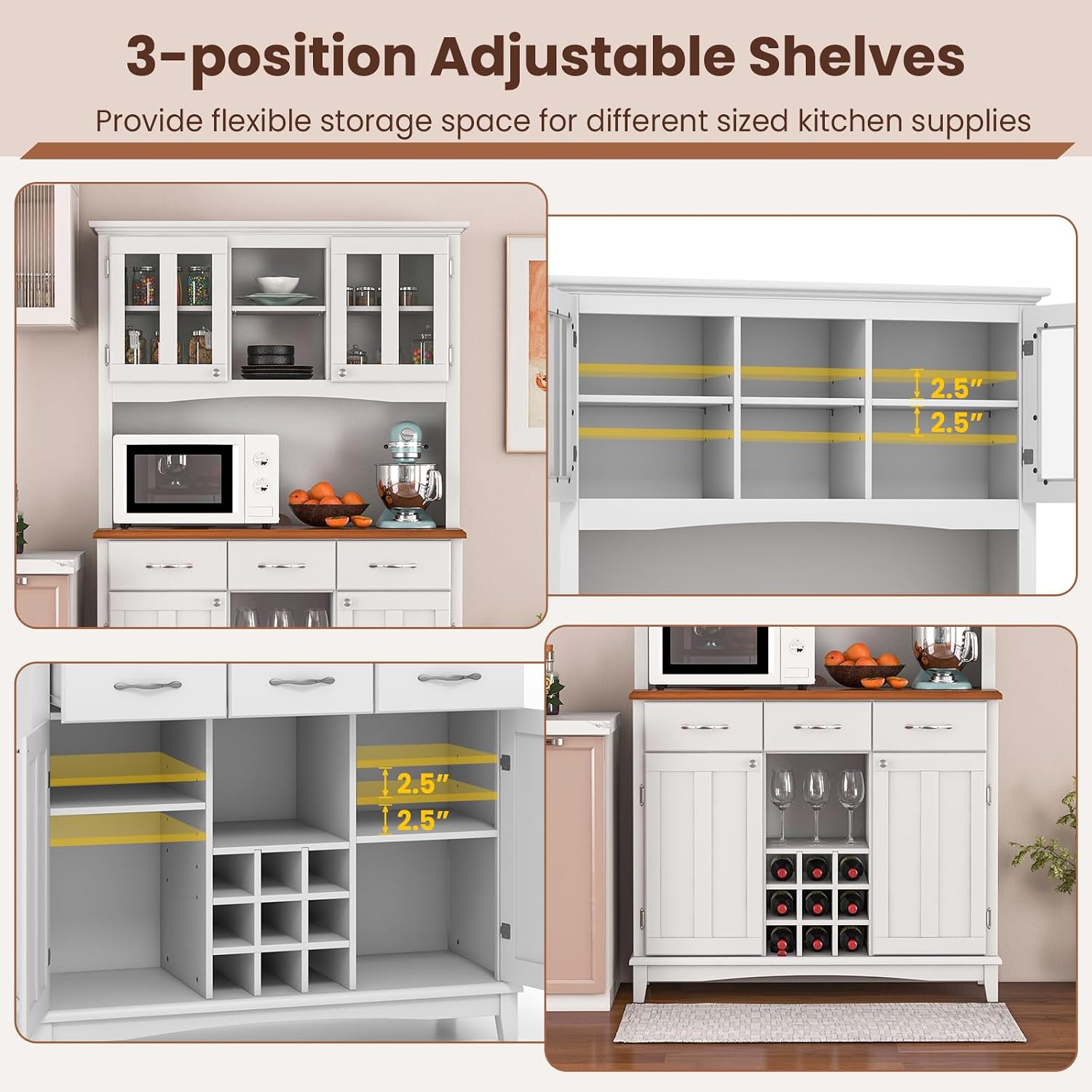 PETSITE Kitchen Pantry Storage Cabinet, Freestanding Microwave Cupboard with Tempered Glass Cabinet, Wine Rack, Adjustable Shelves, Buffet with Hutch for Living Room, Dining Room, White