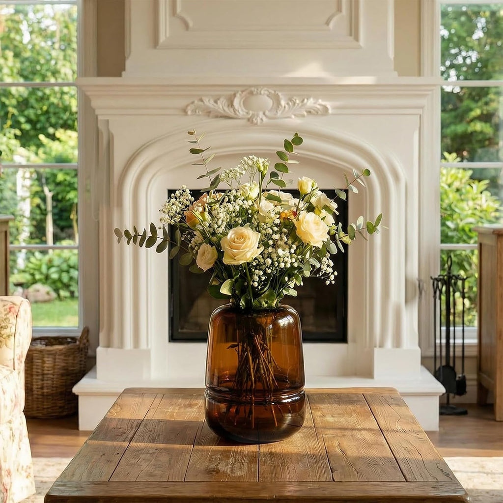 Relexome Amber Glass Flower Vase for Centerpieces Flowers 6.7 Inch Round Modern Glass Bud Vase Decorative Vases for Home Decor, Living Room, Dining Table, Entryway, Shelf, Office