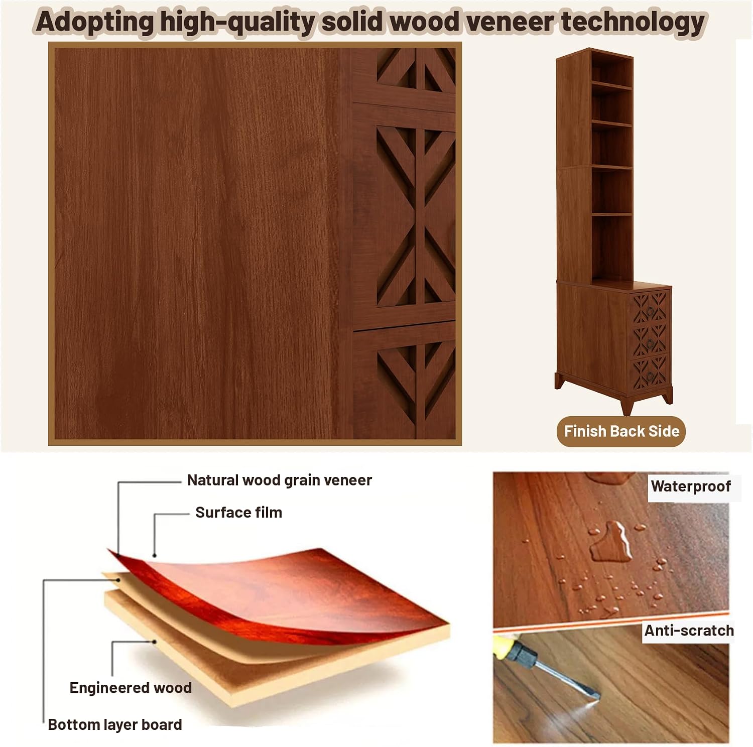 Wood Tall Nightstand with Charging Station, 70.9" Tall End Table with 3 Storage Drawers and 4 Open Shelves, Narrow Slim Sofa Side Table for Small Spaces, Living Room, Bedroom,Corner, Walnut