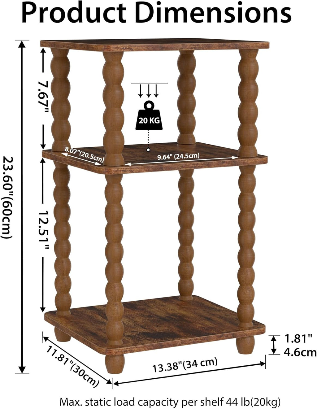 Tohiasen 3 Tier Side Table - Compact End Table with Solid Wood Legs, Small Nightstand with Open Shelves for Living Room Bedroom Office Nursery Small Spaces (Rustic Brown, Rectangular)