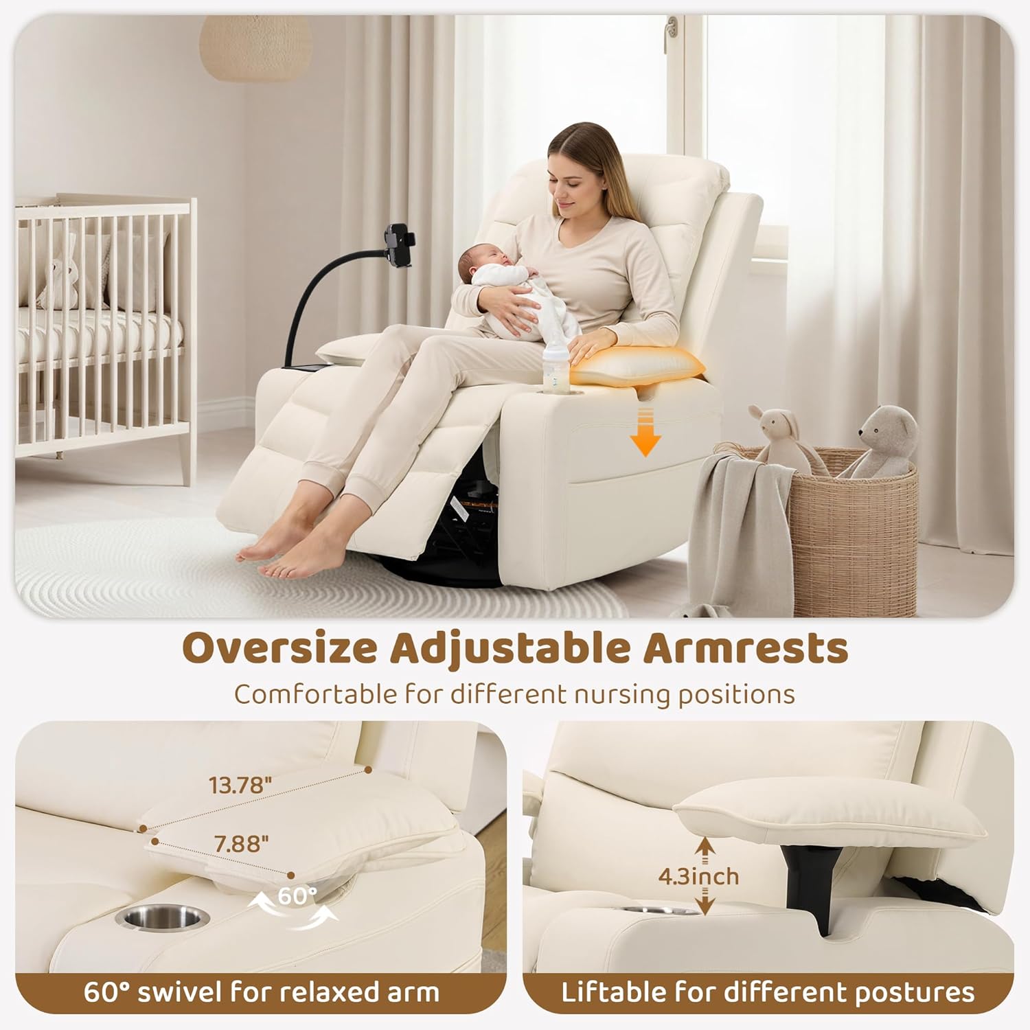 Olela Power Glider Recliner Nursery Chair, Leather Swivel Rocking Chair with Electric Lumbar Support, USB Charging, Smart Cup Holder, Light, Adjustable Armrest, Wireless Phone Charger Holder