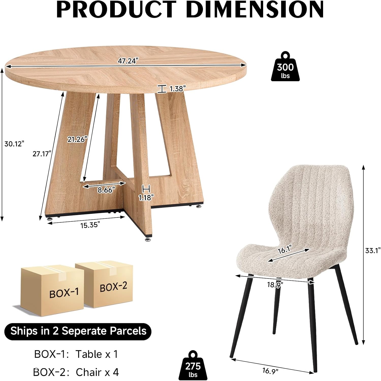 47" Round Dining Room Table Set for 4, [Fanned Base] [1.38" Thick Top] Wood Kitchen Table with 4 Boucle Dining Chairs
