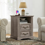 RALGEND Farmhouse End Table with 2 Drawers, Nightstand with Charging Station, End Tables Living Room with LED Lights, Bedside Table for Bedroom, Living Room, Greige