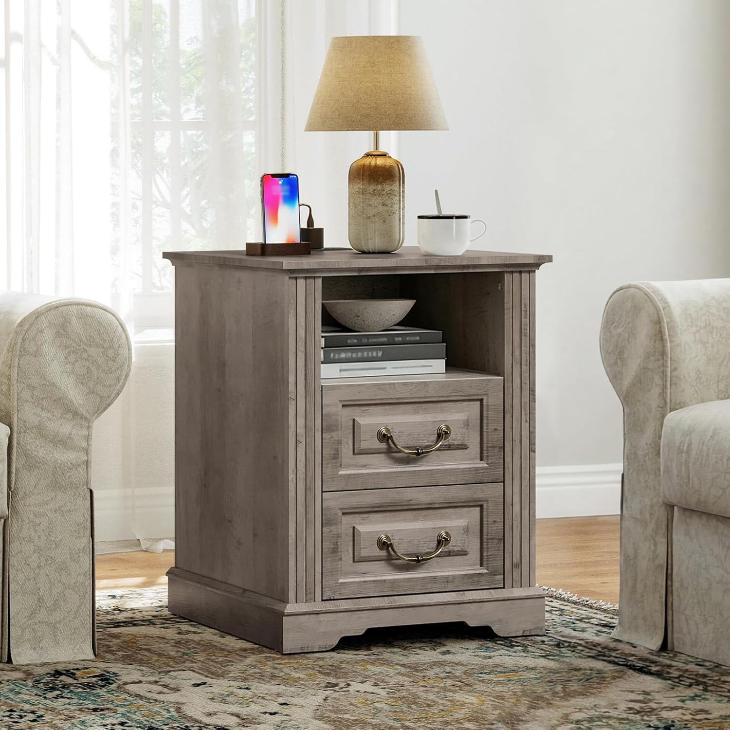 RALGEND Farmhouse End Table with 2 Drawers, Nightstand with Charging Station, End Tables Living Room with LED Lights, Bedside Table for Bedroom, Living Room, Greige