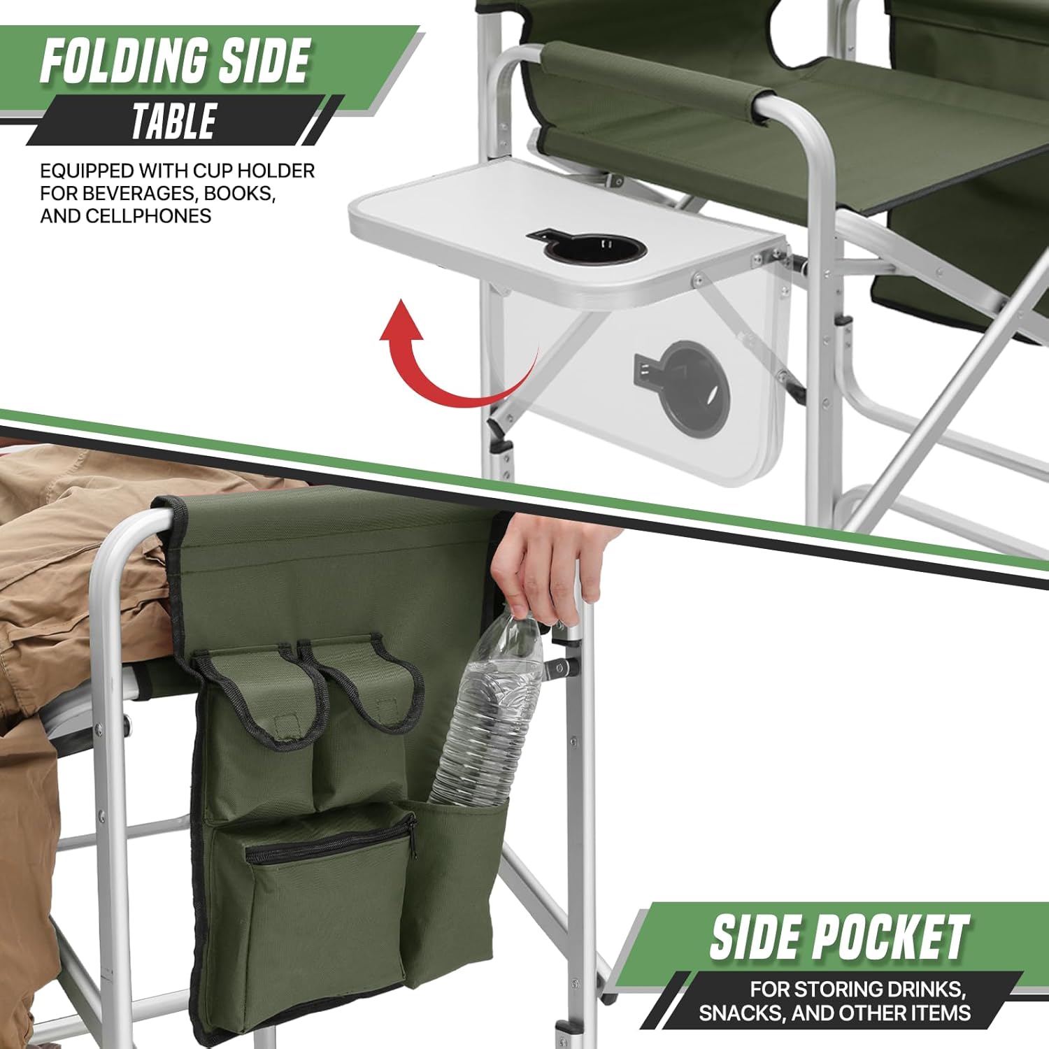 Directors Chair, 31“Tall Foldable Camping Chairs, Folding Aluminum Frame Vanity Chair, Makeup Artist Chair, Portable Camping Chair with Side Table, Cup Holder and Pockets, 250lbs Capacity (Green)