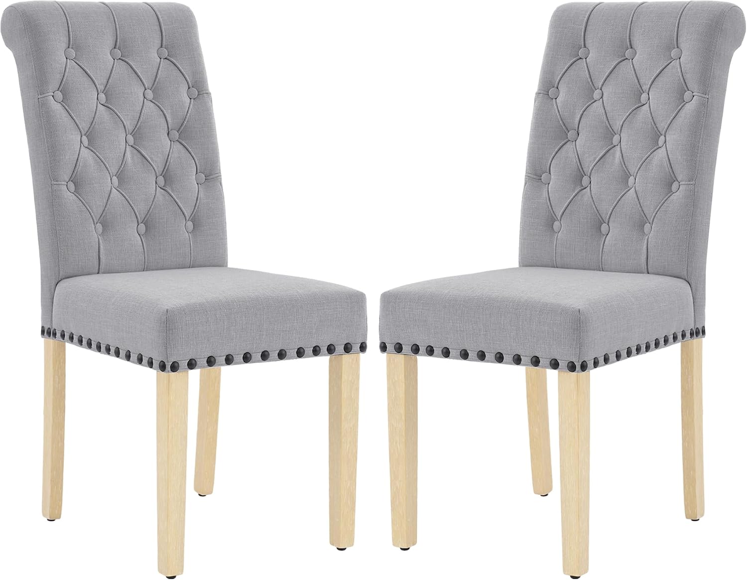 LOULENS Fabric Dining Chairs Set of 2, Modern Linen Upholstered Parson Chairs with Button Tufting and Solid Wood Legs for Kitchen & Dining Room, Light Gray