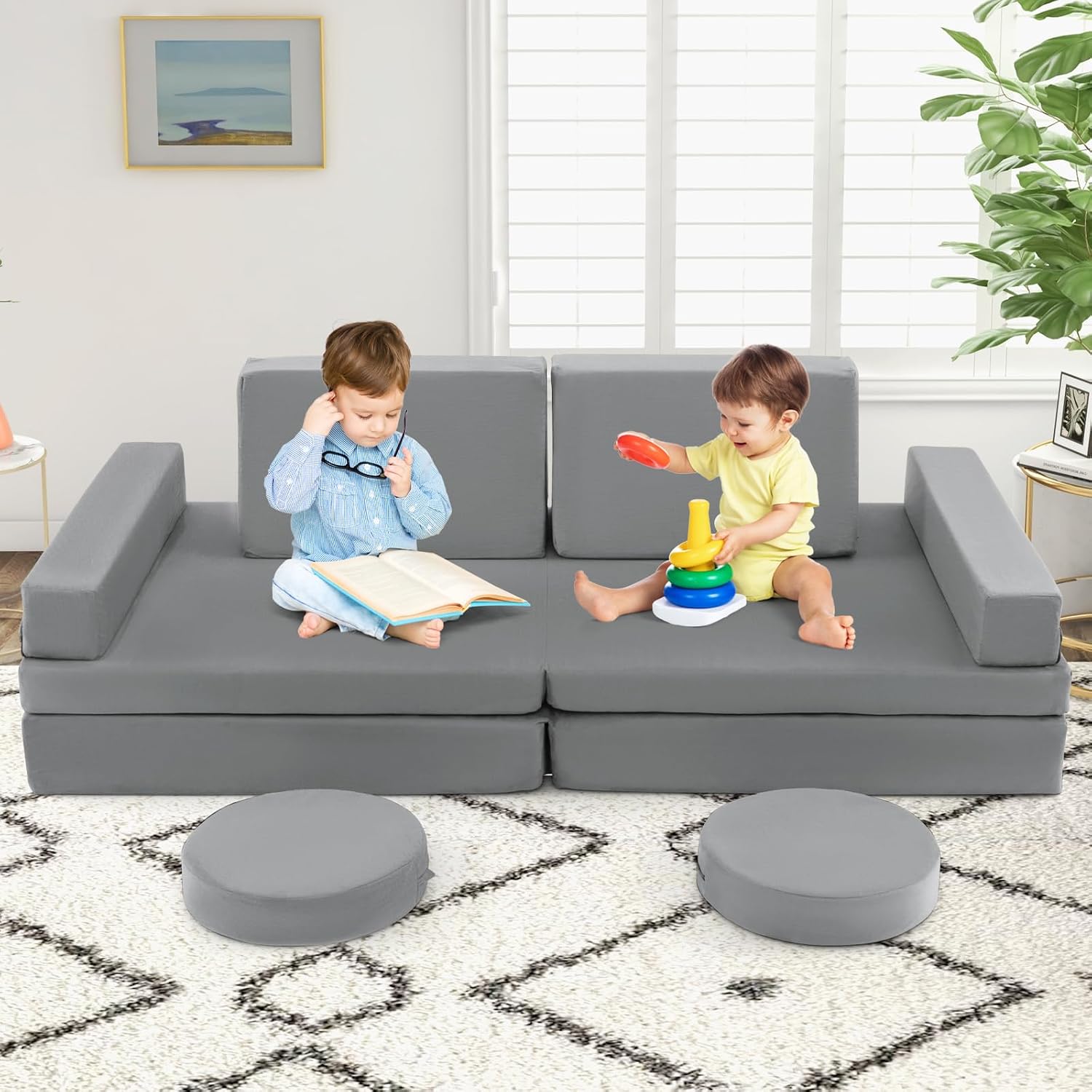 Costzon Kids Play Couch Sofa, Large Modular Folding Sofa Building Fort Playset with Handle, Machine-Washable Cover, Convertible Foam Cushion for Playroom Bedroom Boys Girls Gifts (10-Piece, Gray)