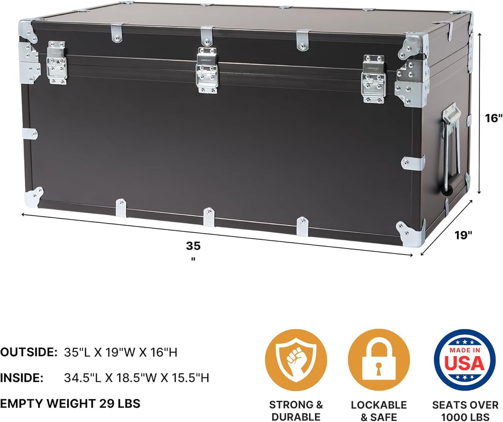 Rhino Trunk & Case XL Indestructo Travel Trunk Luggage With Wheels - 35"x19"x16" Heavy-Duty USA Made Road Case, Strong Flight Cases, ATA Case Style Footlocker, or Secure College Dorm Storage Chest