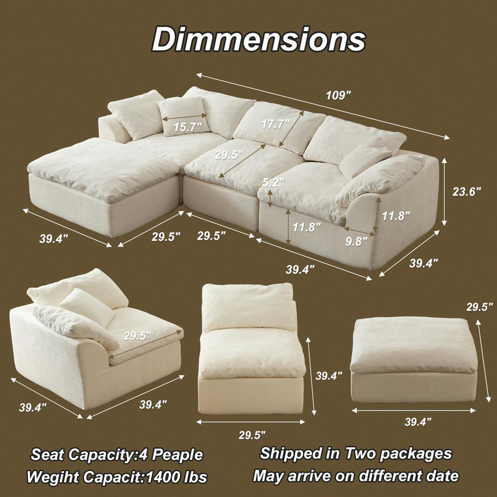 Oversized Cloud Couch Sectional Sofa for Living Room, Modular L Shaped Boneless Chenille Sofa with Chaise Lounge, Deep Seat Convertible Couch, Compressed No Assembly Floor Sofa (White)