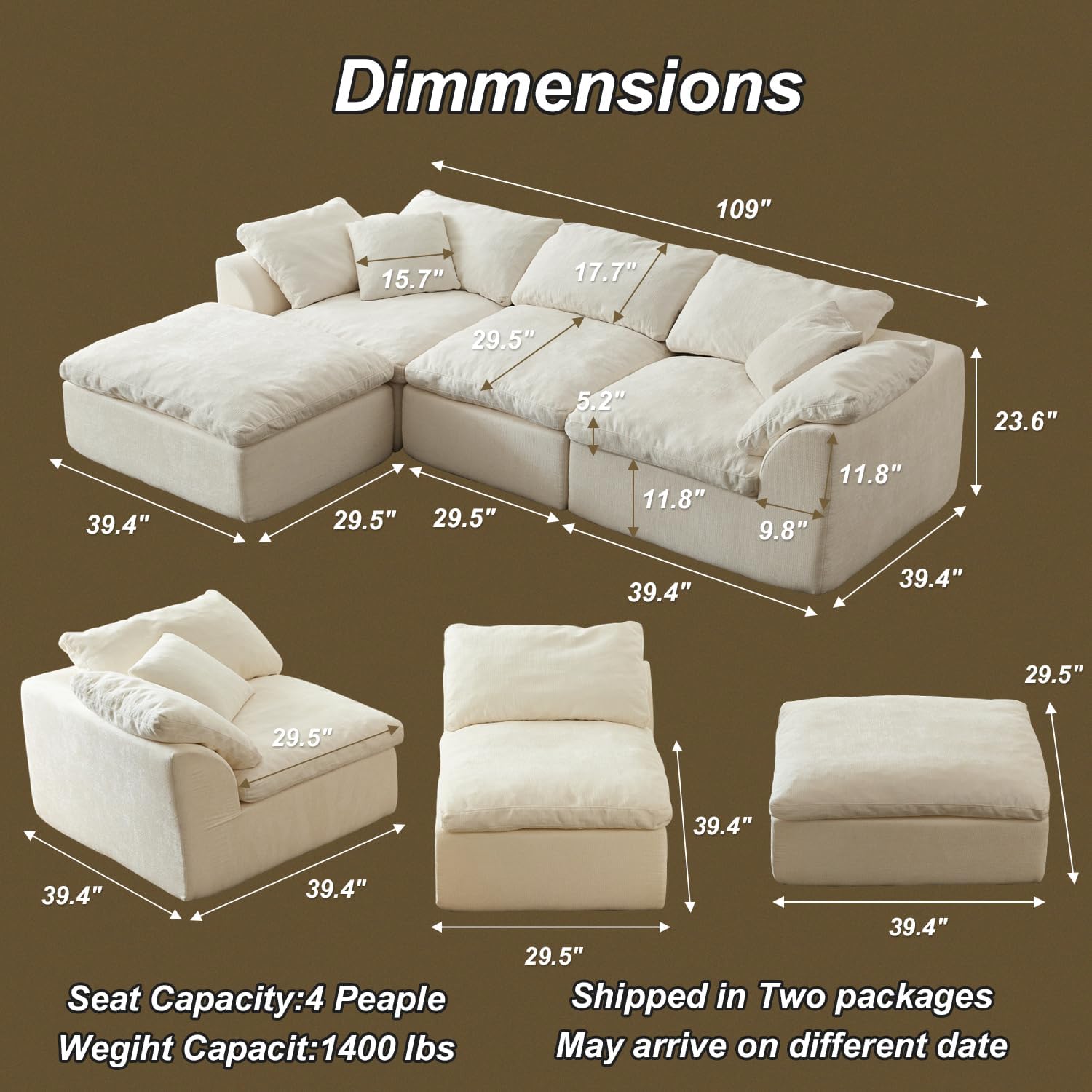 Oversized Cloud Couch Sectional Sofa for Living Room, Modular L Shaped Boneless Chenille Sofa with Chaise Lounge, Deep Seat Convertible Couch, Compressed No Assembly Floor Sofa (White)