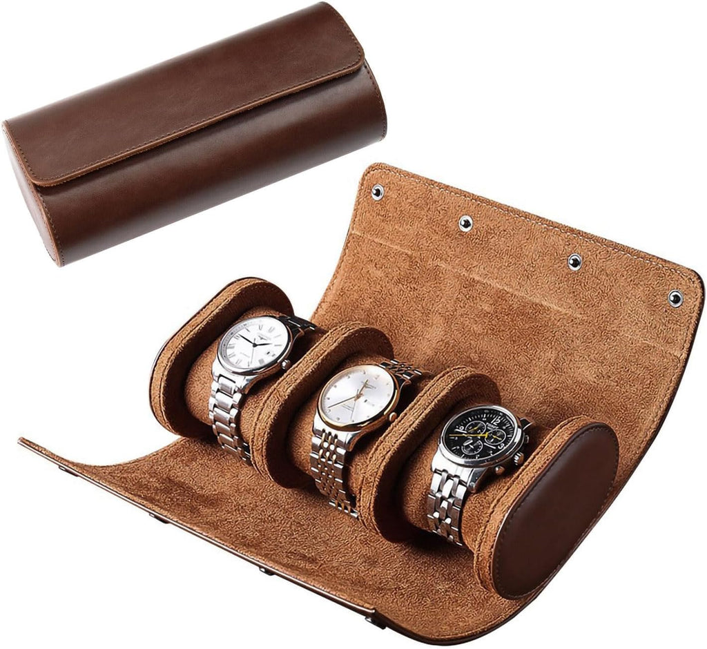 Watch Travel Case, Luxury Leather Watch Roll 3 Slot Organizer Box for Man and Woman, Jewelry Storage Case Gifts for Husband, Dad Birthday Christmas Anniversary (Dark Brown-3slot)