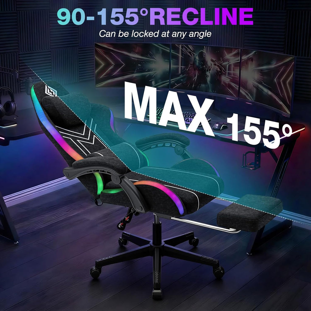 HOFFREE RGB Gaming Chair with Music Rhythm LED Lights and Bluetooth Speakers Fabric Ergonomic Game Chair 155° Reclining Computer Chair with Footrest Video Game Chairs for Adults Gaming & Office Black