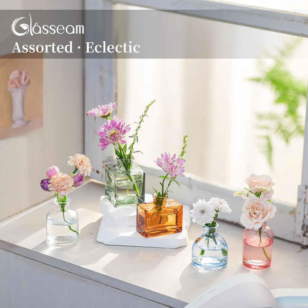 Glasseam Mini Bud Vases in Bulk 40: Colored Small Flower Vases for Centerpieces, Cute Tiny Glass Table Centerpiece for Flowers - Modern Wedding Decorations for Living Room Kitchen Baby Showers