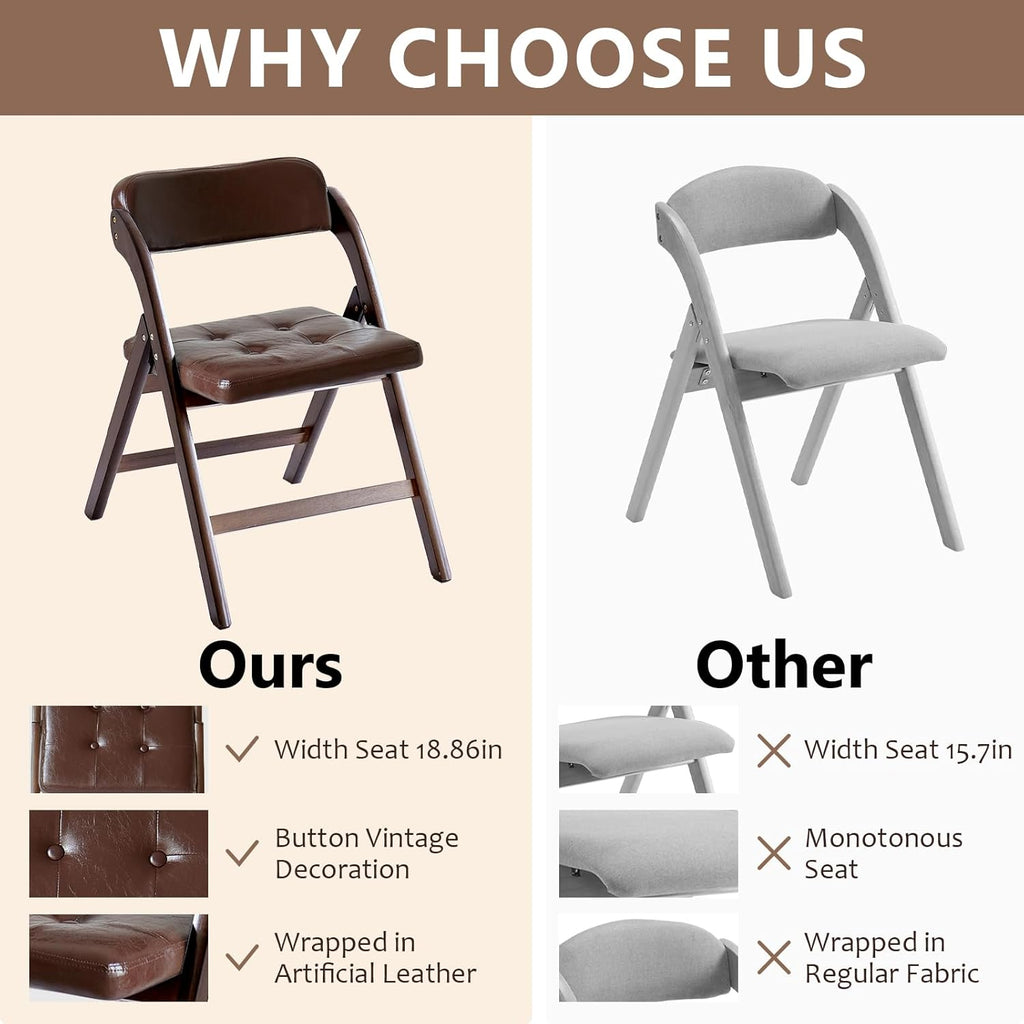 Wood Folding Chairs Set of 2, Upholstered Foldable Dining Chairs with Padded Seat and Backrest, Portable Accent Chairs for Kitchen, Dining Room, Apartment, Guest Seating, Walnut and Brown