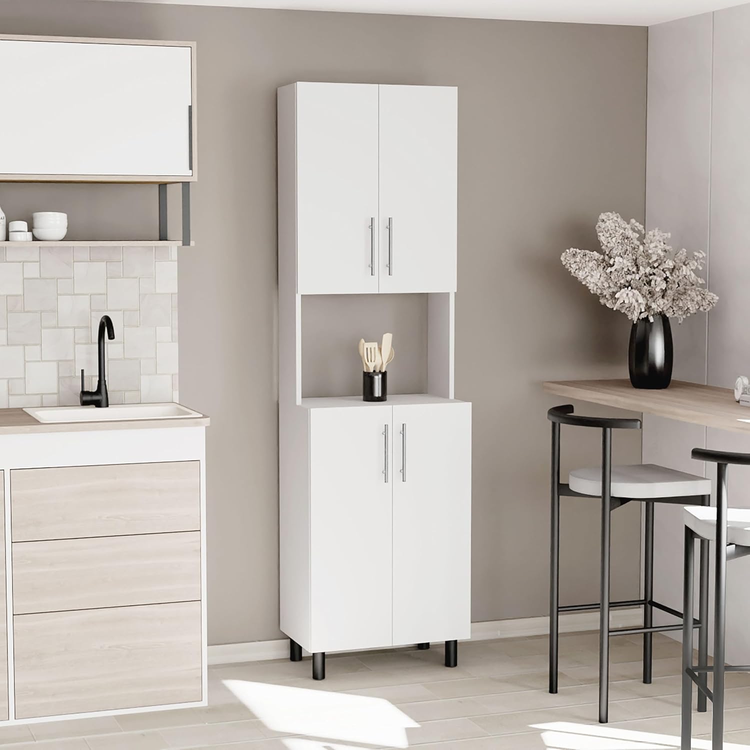 Tuhome Linden 76.8" Tall Kitchen Pantry Cabinet, Freestanding Pantry Cabinets for Kitchen Storage, 4 Doors, Open Microwave Hutch Shelf, 5 Shelves, White