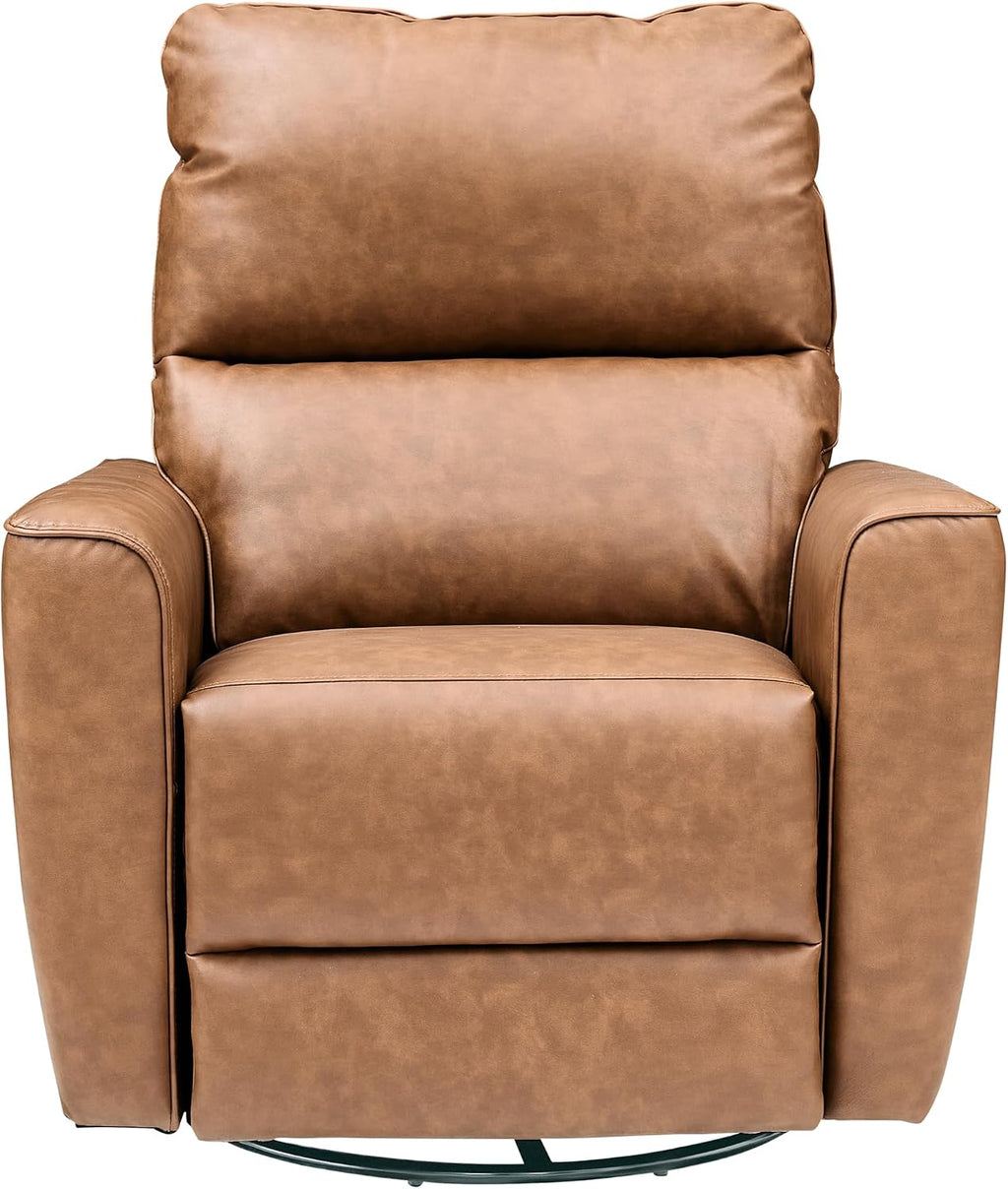 Power Recliner Chair Swivel Glider Upholstered Faux Leather Nursery Rocker Reclining Sofa Chair with Charging Port, Curved Armrests & Padded Backrest for Living Room and Bedroom (Brown)