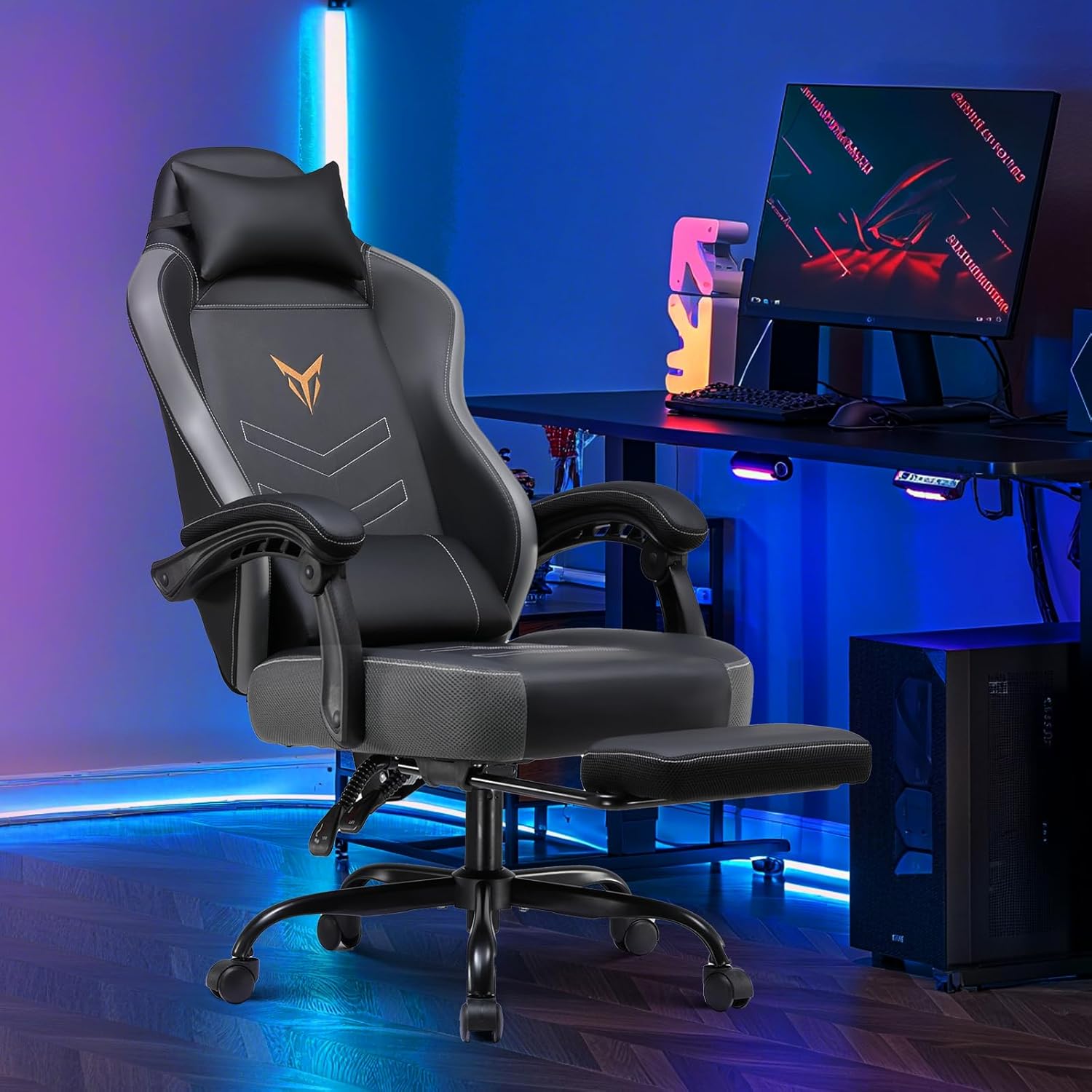 GTPLAYER Gaming Chair with Footrest, Recliner Chair with Headrest & Lumbar Support, Linkage Armrest, Ergonomic Gaming Chair 350lbs, High Back Office Home, Grey