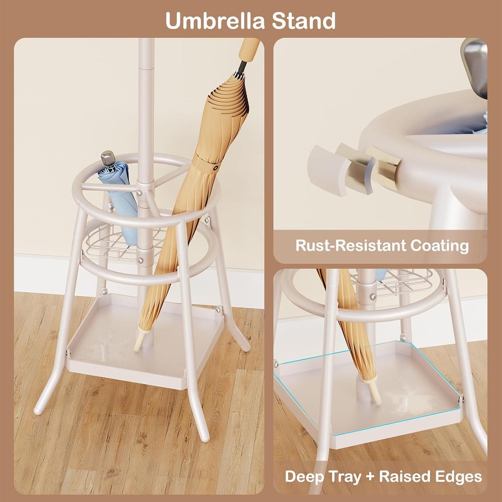 Heavy Duty Freestanding Coat Rack with 12 Hooks & Umbrella Holder - White Metal Clothes Hat Sturdy Standing Hall Tree for Entryway, Living Room, Bedroom, Office Organization (White)