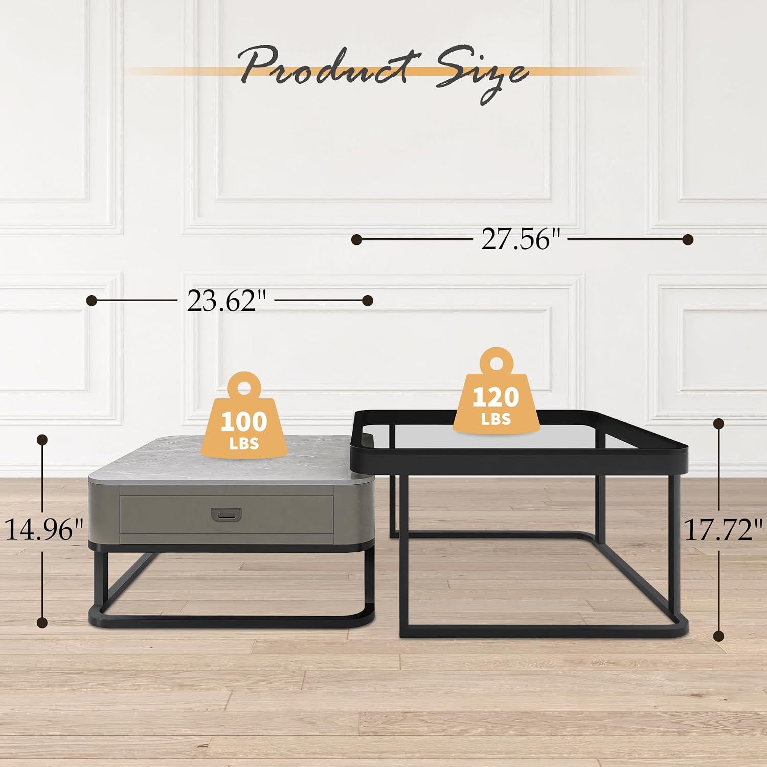 Jerry & Maggie Ø 27.5" Tempered Glass Coffee Tables for Living Room Modern Farmhouse, Square Glass Nesting Coffee Table Set of 2, Side Table 2-Piece Set