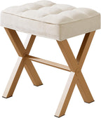 Royal Windsor Vanity Stool,Square Ottoman Stool Foot Rest,Upholstered Vanity Chair Foot Stool with Metal X Legs, Small Vanity Seat for Entryway,Bedroom and Living Room,Linen Beige
