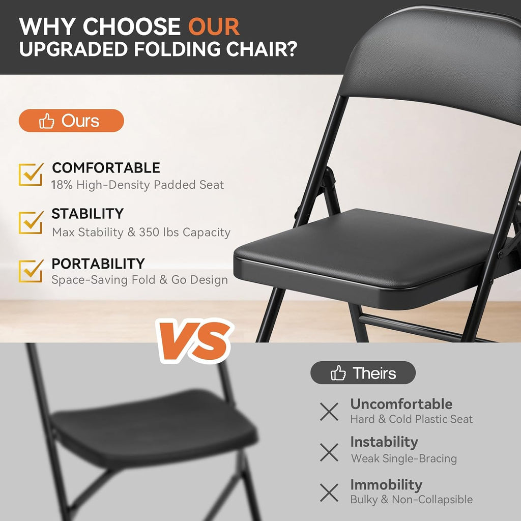 Upgrade 18% Thicker 6 Pack Folding Chair with Cushion Heavy Duty Folding Chair for Outside and Indoor Leather Padded Folding Chairs Durable Steel Frame for Home and Office Party